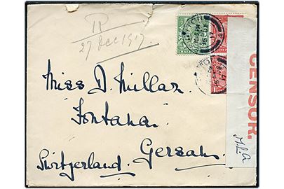 ½d og 1d (par) George V på brev fra Brighton d. 16.12.1917 til Schweiz. Åbnet af britisk censur med særlig hvid handerole med rød tekst (Type 4Ka) med signatur M.L.A..  Sjælden banderole.