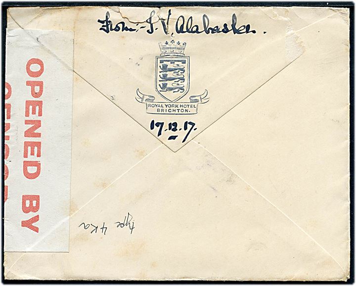 ½d og 1d (par) George V på brev fra Brighton d. 16.12.1917 til Schweiz. Åbnet af britisk censur med særlig hvid handerole med rød tekst (Type 4Ka) med signatur M.L.A..  Sjælden banderole.