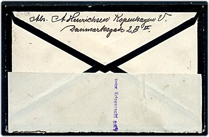 20 øre Chr. X på lille sørgekuvert fra Kjøbenhavn d. 22.11.1918 til Buchholz, Tyskland. Åbnet af tysk censur med neutral banderole stemplet unter Kriegsrecht geöff(net) i Breslau. 