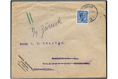20 øre Chr. X på brev fra Kjøbenhavn d. 2.9.1914 til Sterkrade, Rheinland, Tyskland. Sendt åbent for at fremskynde censur og returneret d. 8.9.1914 med svært læselig returneringsårsag. 