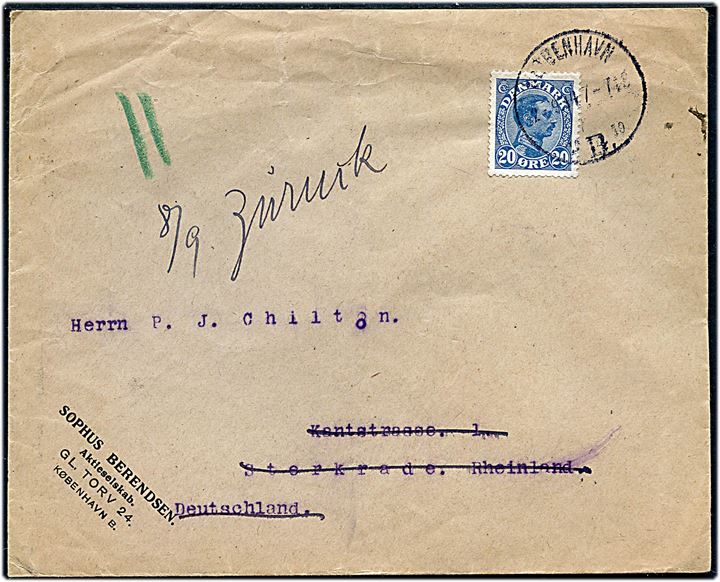 20 øre Chr. X på brev fra Kjøbenhavn d. 2.9.1914 til Sterkrade, Rheinland, Tyskland. Sendt åbent for at fremskynde censur og returneret d. 8.9.1914 med svært læselig returneringsårsag. 