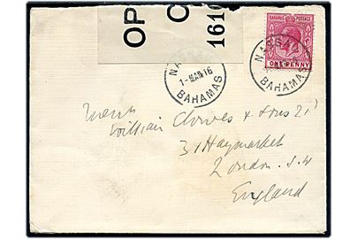 1d George V på brev stemplet Nassau Bahamas d. 1.3.1916 til London, England. Åbnet af britisk censur no. 1610 i Liverpool.