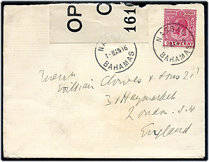 1d George V på brev stemplet Nassau Bahamas d. 1.3.1916 til London, England. Åbnet af britisk censur no. 1610 i Liverpool.