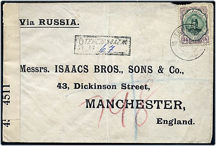 24 ch. single på anbefalet brev fra Teheran-Bazar d. 16.11.1916 markeret via Russia til Manchester, England. Transit stemplet i London d. 6.12.1916 og åbnet af britisk censur no. 4511.