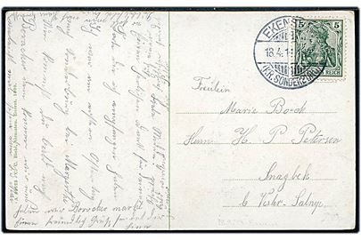 5 pfg. Germania på brevkort annulleret Ekensund (Kr. Sonderburg) d. 18.4.1911 til Vester Satrup.