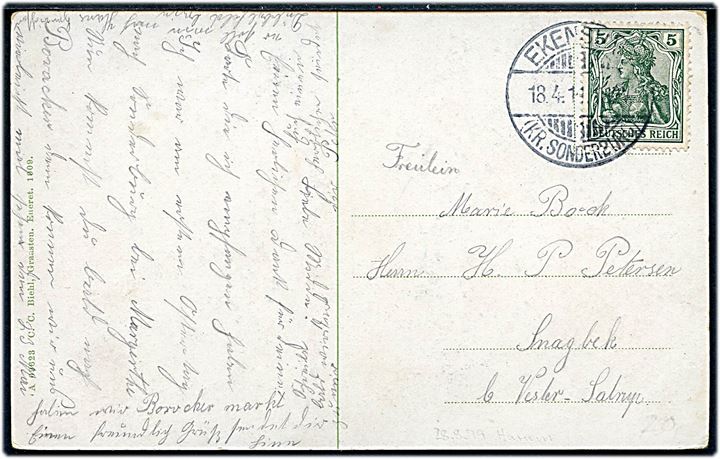 5 pfg. Germania på brevkort annulleret Ekensund (Kr. Sonderburg) d. 18.4.1911 til Vester Satrup.