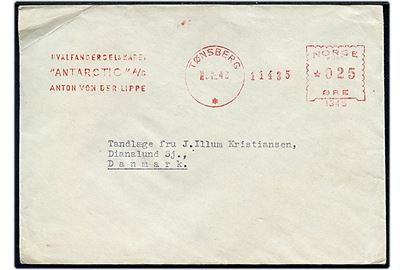 25 øre firmafranko Hvalfangerselskabet Antarctic A/S Anton von der Lippe på fortrykt kuvert fra Tønsberg d. 3.12.1949 til Dianalund, Danmark. Dr. Kristensen deltog bl.a. som læge under norske hvalfangsttogter til Sydatlanten.