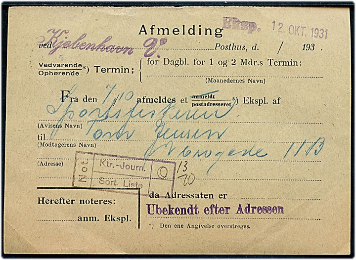 Ufrankeret Avissag (til Udgiverpostkontoret) - M. Form. Nr. 10 (1/3 30) fra København V. d. 7.10.1931 til Varde - eftersendt til Aarhus. 