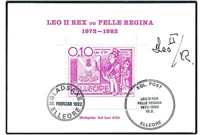 Elleore 0,10 Leo d'Or blok udg. i særligt omslag med stempler Kgl. Post Leo II Rex Pelle Regina 1972-1982 19.2. Elleore og Gladsaxe Elleore 20.2.1982 samt royal signatur Leo II/R 