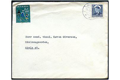 30 øre Fr. IX og dansk Julemærke 1953 på brev Julianehaab efterskole stemplet Julianehaab d. 14.12.1953 til Skals.