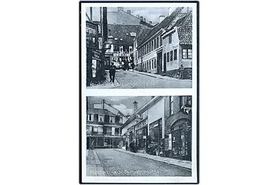 Svendborg. Klosterstræde 1884 og 1934. Reklamekort for Vinkel-Sko. Andreasen & Lachmann no. 70167.