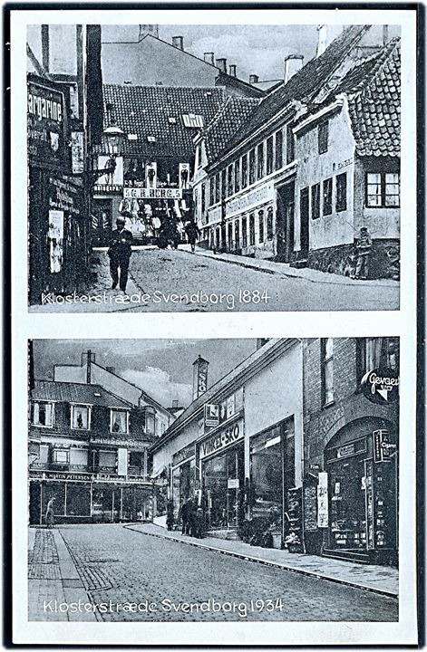 Svendborg. Klosterstræde 1884 og 1934. Reklamekort for Vinkel-Sko. Andreasen & Lachmann no. 70167.