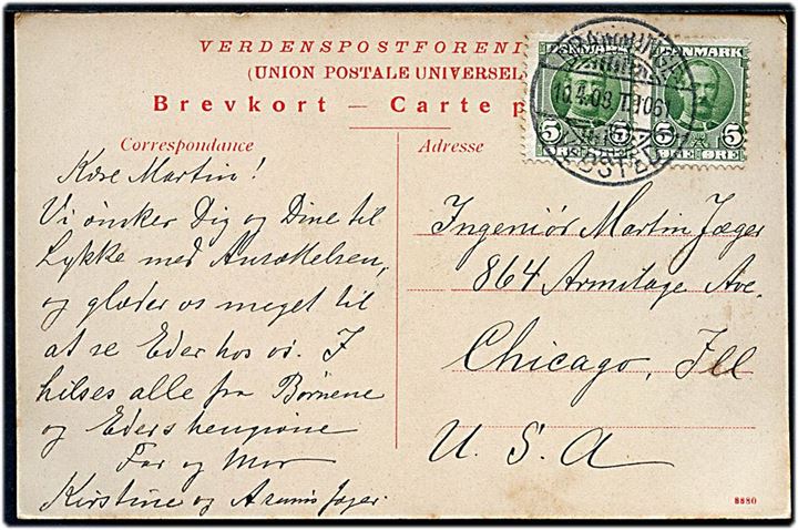5 øre Fr. VIII i parstykke på brevkort annulleret med bureaustempel Bramminge - Vedsted T.1061 d. 10.4.1908 til Chicago, USA.
