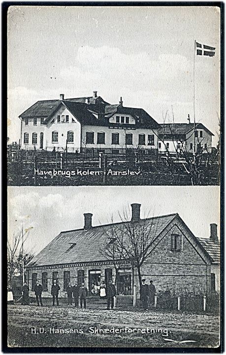 Partier fra Aarslev med H.U. Hansens Skræderforretning og Havebrugsskolen. H. Schmidt no. 17958.