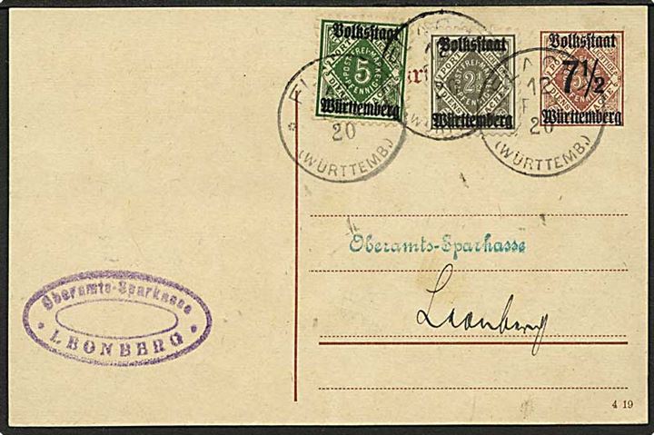 7½/5½ pfg. Volksstaat Württemberg helsagsbrevkort opfrankeret med 2½ pfg. og 5 pfg. Volksstaat Württemberg provisorier fra Flaght d. 12.2.1920 til Leonberg.