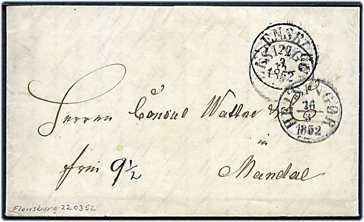 1852. Franco brev med fuldt indhold fra Flensburg d. 22.3.1851 via Helsingør d. 16.3.1852 til Mandal i Norge. Særlig takst mellem Dannark og Norge via Sverige i perioden 1.1.-1.7.1852 på 9½ Lsk jf. vedlagt beskrivelse. 