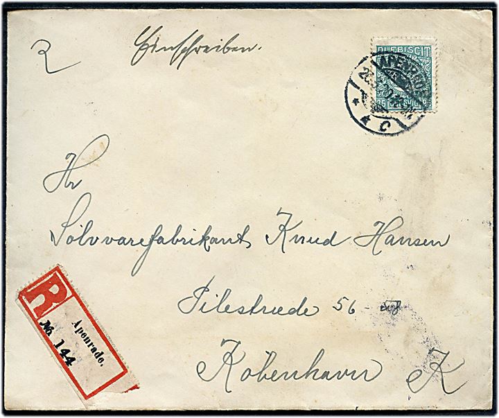 75 pfg. Fælles udg. single på anbefalet brev fra Apenrade **C d. 26.3.1920 til København, Danmark.
