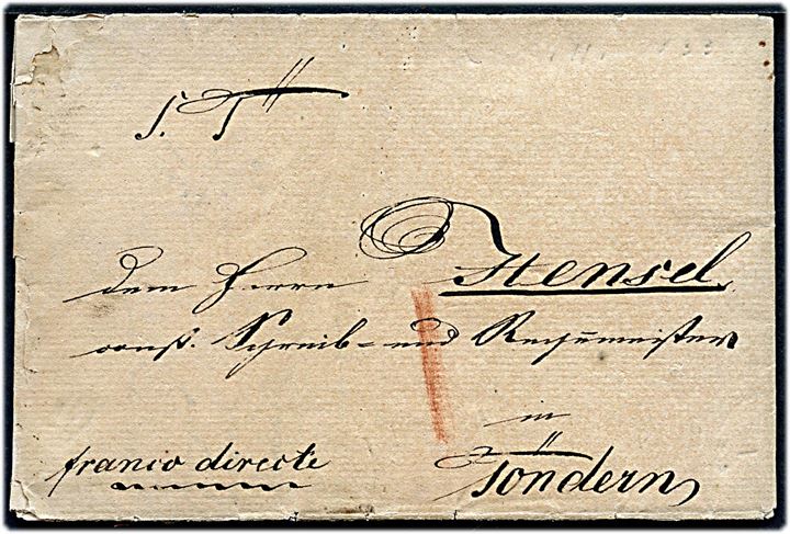 1833. Francobrev med indhold dateret i Lunden d. 1.11.1833 til Tondern. Påskrevet Franco directe. Lidt nusset.