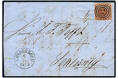 4 sk. 1854 udg. på brev annulleret med nr.stempel 71 og sidestemplet antiqua Sønderborg d. 8.11.1855 til Schleswig.