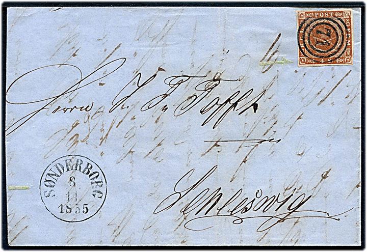 4 sk. 1854 udg. på brev annulleret med nr.stempel 71 og sidestemplet antiqua Sønderborg d. 8.11.1855 til Schleswig.
