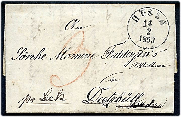 1853. Ufrankeret portobrev med langt indhold stemplet antiqua Husum d. 14.2.1853 til Deetzbüll pr. Tondern - ændret til pr. Leck. Påskrevet 3 sk. porto.