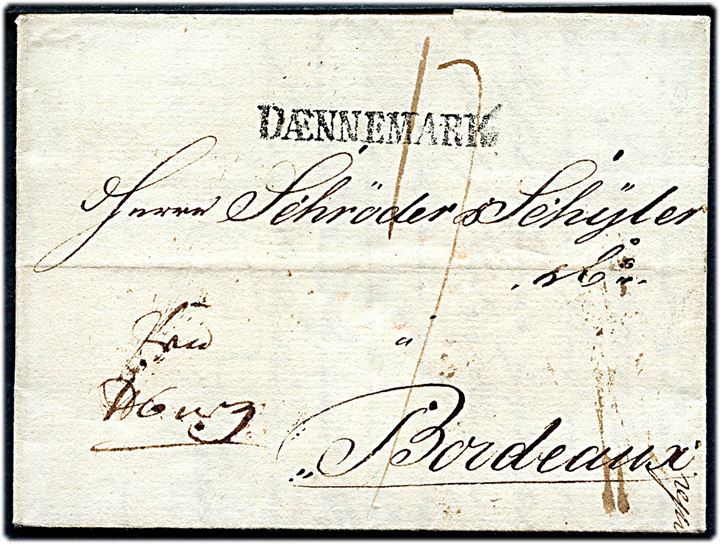 1801. Francobrev med indhold dateret i Flensburg d. 23.11.1801 og påskrevet Frco Hburg til Bordeaux, Frankrig. Sort liniestempel fra Thurn & Taxis postkontor i Hamburg: DÆNNEMARK.