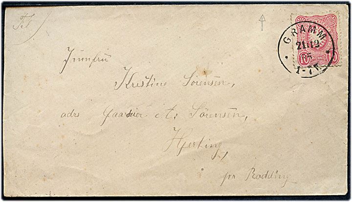 10 pfg. Adler på brev annulleret Gramm d. 21.12.1885 til Hjerting pr. Rödding.