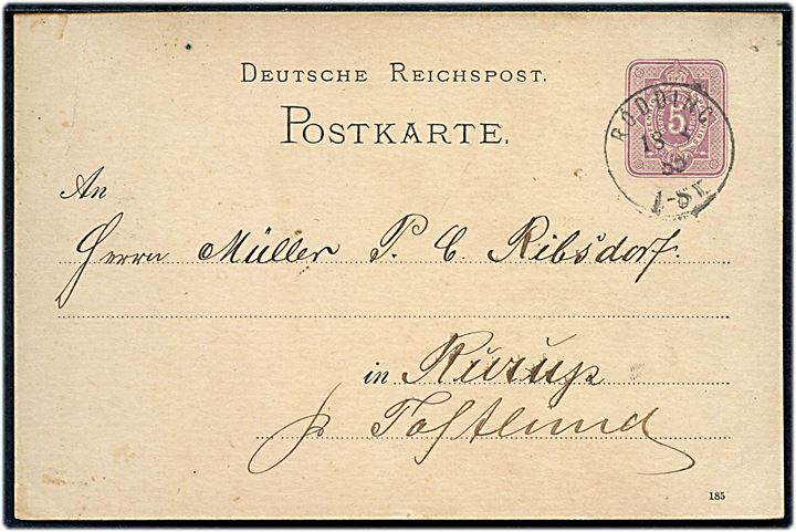 5 pfg. Ciffer helsagsbrevkort annulleret Rödding d. 18.8.1885 til Toftlund.