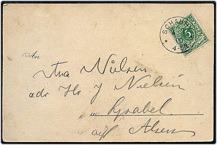 5 pfg. på brevkort annulleret Schauby ** d. 4.9.1900 til Lysabild på Als.