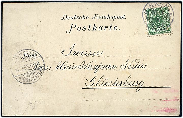 5 pfg. Ciffer på brevkort (Sandacker Strandheim) stemplet Rinkenis d. 10.3.1899 til Glücksburg.