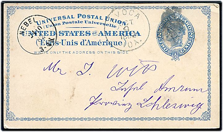 2 cents helsagsbrevkort fra Avoca Iowa d. 9.10.1882 til øen Amrum, Schleswig, Tyskland. Ank.stemplet Nebel på Amrum d. 24.10.1882.