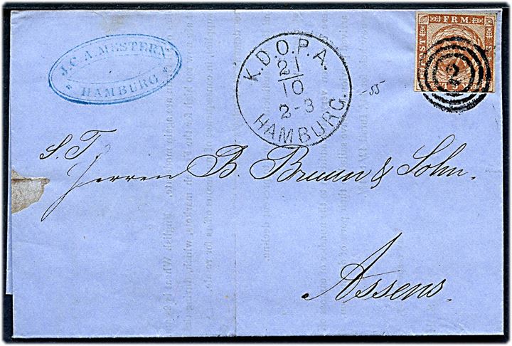 4 sk. 1854 udg. på markedsberetning fra London annulleret med nr.stempel 2 og sidestemplet lapidar K.D.O.P.A. Hamburg d. 21.10.1855 til Assens.