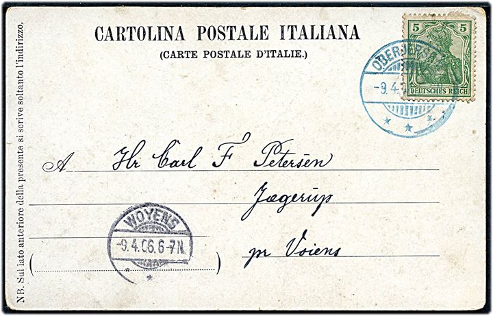 5 pfg. Germania på brevkort annulleret med blåligt stempel i Oberjersdal d. 9.4.1906 til Vojens. 