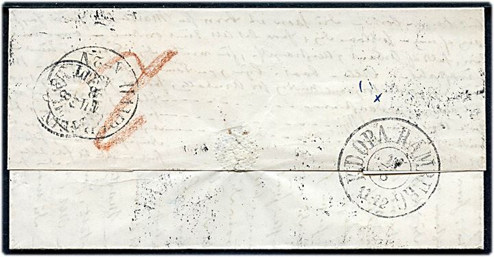 1860. Ufrankeret portobrev med fuldt indhold fra Kjøbenhavn d. 12.8.1860 via Haderslev og K.D.O.P.A. Hamburg til poste restante i Liebenstein, Tyskland. Sendt til Stiftsprovst Dr. Theol. J. H. Paulli (1809-1865), Ridder af Dannebrog.