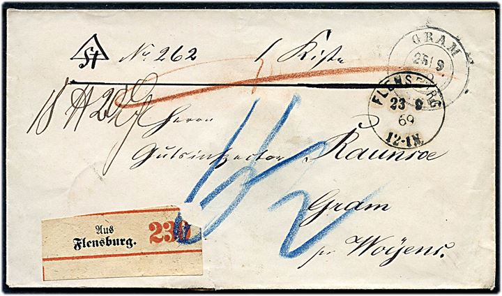1869. Ufrankeret pakkefølgebrev fra Flensburg d. 23.9.1869 til Gram pr. Woyens. Ank.stemplet Gram d. 25.9.1869. 