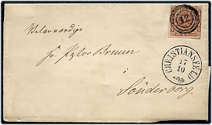 4 sk. 1858 udg. på brev med indhold dateret Aller Præstegaard annulleret med nr.stempel 12 og sidestemplet antiqua Christiansfeld d. 17.10.1860 via Aabenraa til Sønderborg.