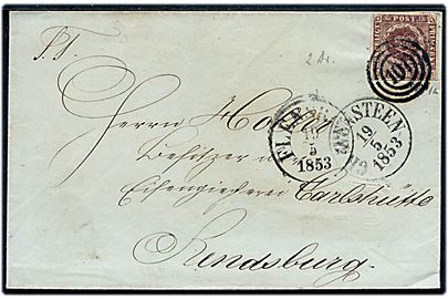 4 R.B.S. Thiele I på brev annulleret med nr.stempel 101 og sidestemplet antiqua Gravensteen d. 19.5.1853 via Flensburg til Carlshütte pr. Rendsburg.