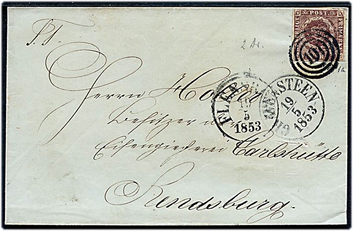 4 R.B.S. Thiele I på brev annulleret med nr.stempel 101 og sidestemplet antiqua Gravensteen d. 19.5.1853 via Flensburg til Carlshütte pr. Rendsburg.