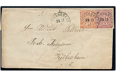 Norddeutscher Postbezirk  ½ gr. og 1 gr. på 1½ gr. frankeret brev annulleret Scherrebeck d. 26.11.1871 til Kjøbenhavn, Danmark. Særtakst fra Hertugdømmerne til Danmark.