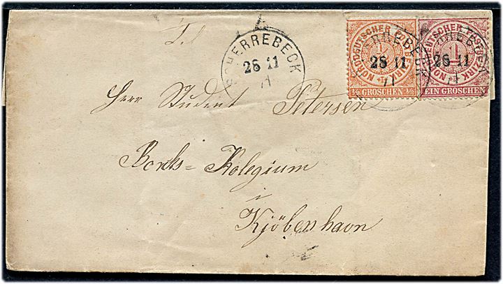 Norddeutscher Postbezirk  ½ gr. og 1 gr. på 1½ gr. frankeret brev annulleret Scherrebeck d. 26.11.1871 til Kjøbenhavn, Danmark. Særtakst fra Hertugdømmerne til Danmark.