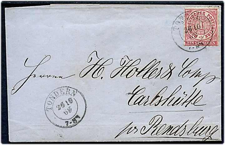 Norddeutscher Postbezirk 1 gr. stukken kant single på brev fra Tondern d. 26.10.1868 til Carlshütte pr. Rendsburg.