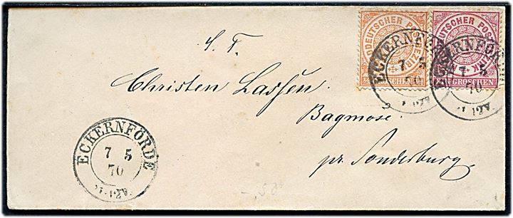 ½ gr. og 1 gr. Ciffer på brev fra Eckernförde d. 7.5.1870 til Bagmose pr. Sonderburg.