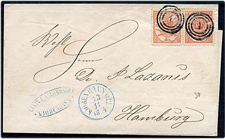 4 sk. Krone/Scepter i parstykke på brev annulleret med nr.stempel 1 og sidestemplet med BLÅT antiqua Kiøbenhavn O.P.E. d. 23.11.1864 til Hamburg. Ank.stemplet St. P.A. Hamburg d. 24.11.1864.