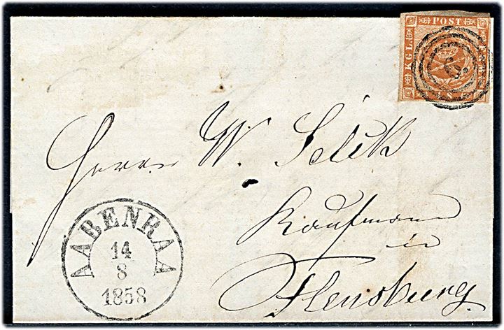 4 sk. 1858 udg. på brev annulleret med nr.stempel 6. og sidestemplet antiqua Aabenraa d. 14.8.1858 til Flensburg.
