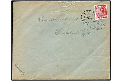 15 øre Karavel på brev annulleret med privat jernbanestempel Sørvad * R.Ø.H.J.* d. 22.7.1939 til Svaneapoteket, Holstebro Syd. R.Ø.H.J. = Ringkøbing-Ørnhøj-Holstebro Jernbane.