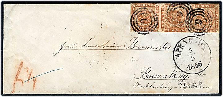 4 sk. 1854 udg. i vandret 3-stribe på 12 sk. brev annulleret med nr.stempel 6. og sidestemplet antiqua Apenrade d. 6.5.1856 via K.D.O.P.A. Hamburg til Boizenburg, Mecklenburg-Schwerin.