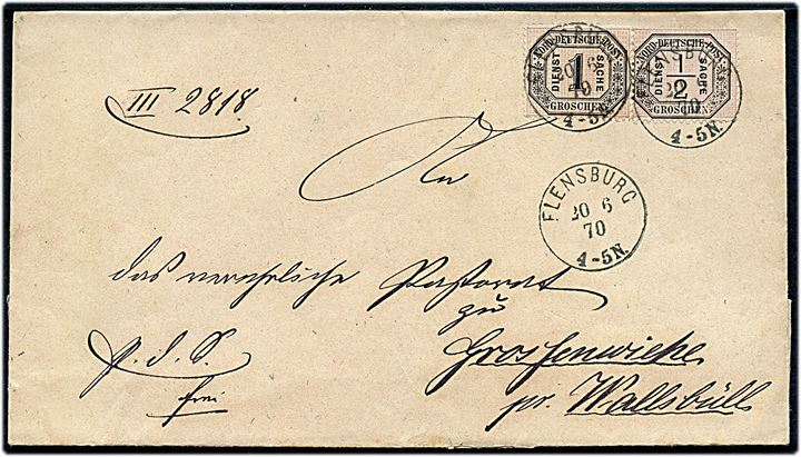 Norddeutscher Postbezirk. ½ gr. og 1 gr. Tjenestemærke på tjenestebrev fra Flensburg d. 20.6.1870 til Wallsbüll 
