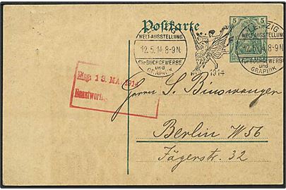 5 pfg. Germania helsagsbrevkort annulleret med TMS Leipzig Welt-Ausstellung für Buchgewerbe und Graphik d. 12.5.1914 til Berlin.