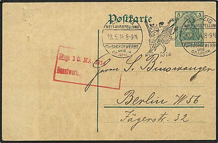 5 pfg. Germania helsagsbrevkort annulleret med TMS Leipzig Welt-Ausstellung für Buchgewerbe und Graphik d. 12.5.1914 til Berlin.