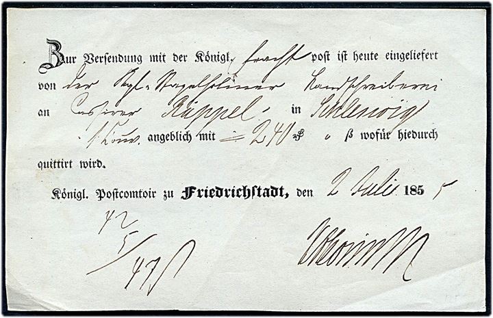 Fortrykt postkvittering for forsendelse fra det kongelige Postkontor i Friedrichstadt d. 2.7.1855.
